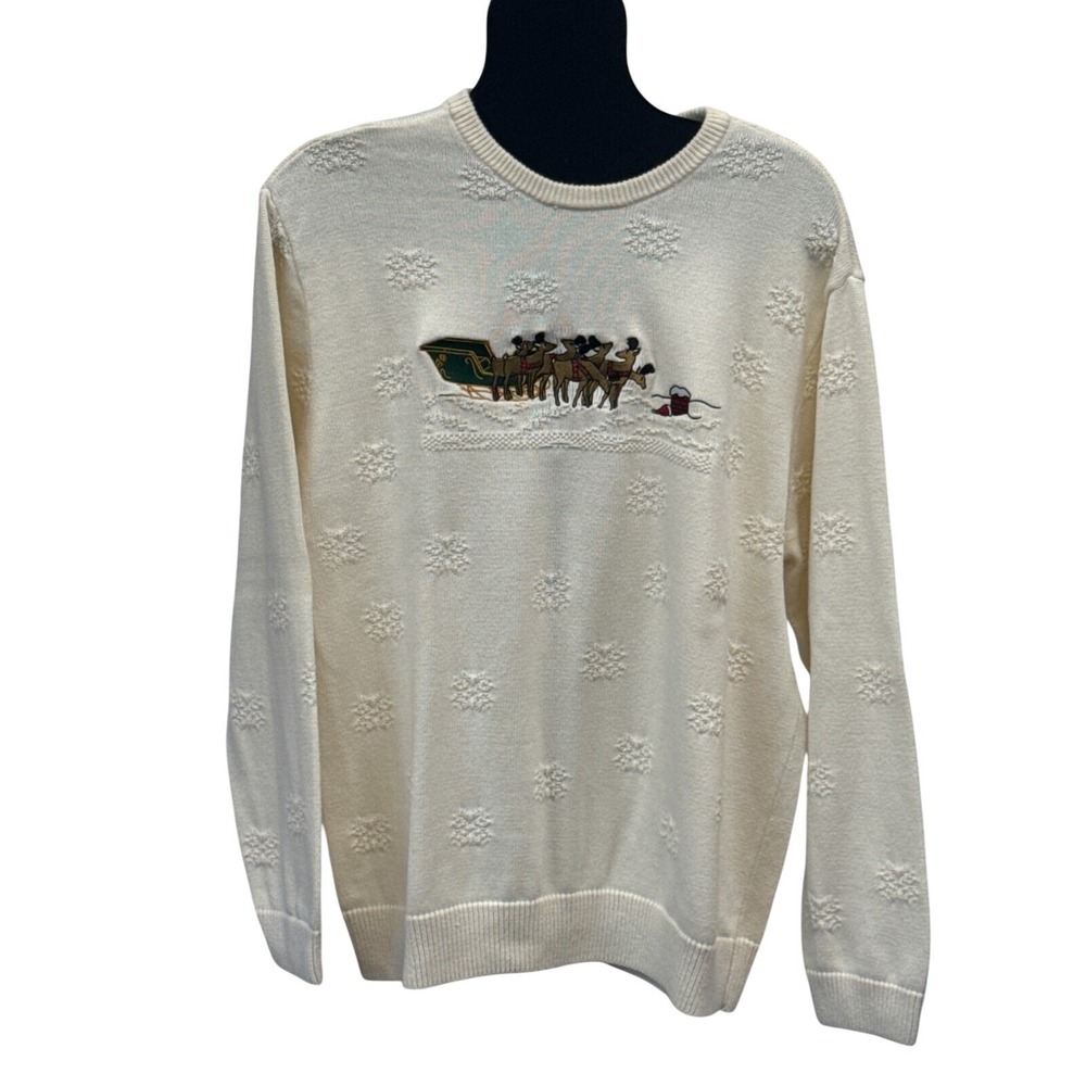 Roundtree & Yorke Mens‎ XL Cream Cotton Christmas Sweater Santa Sleigh Snowflake